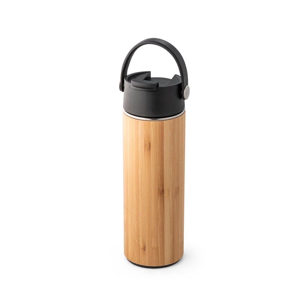 Garrafa térmica em aço inox e bambu 440 ml com tampa flip e alça na cor Preto, personalizada com a logo da empresa