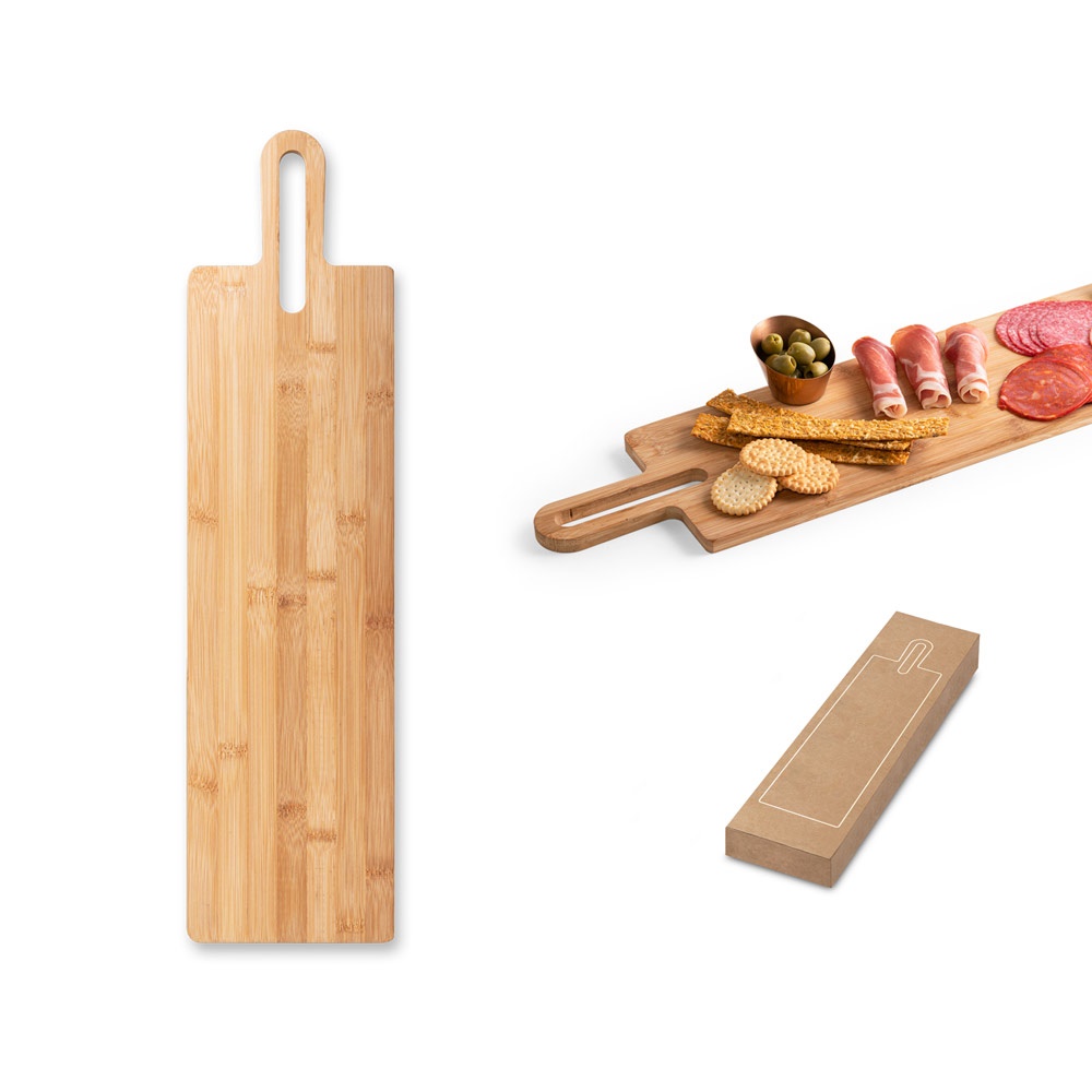 Tábua de servir aperitivos em bambu com pega personalizada com a logo da empresa