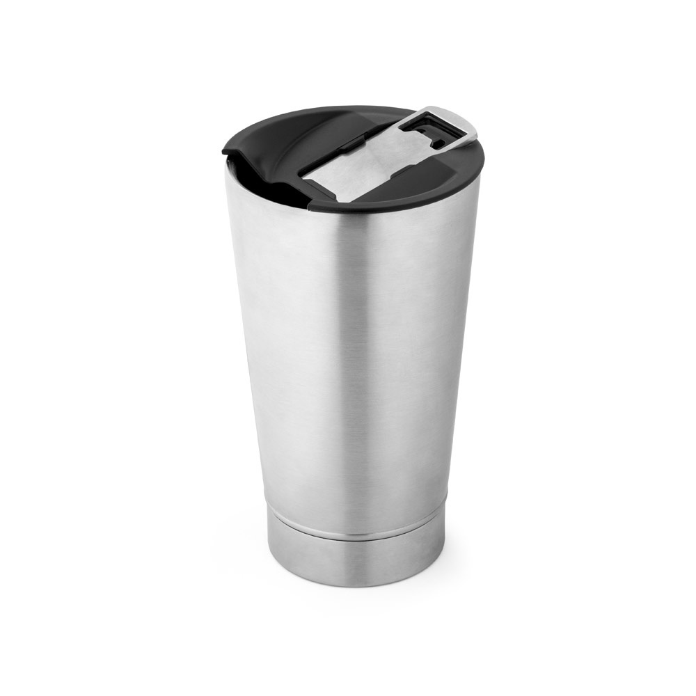 Copo de viagem térmico em aço inox 630 ml com abridor na tampa personalizado com a logo da empresa, na cor cromado satinado