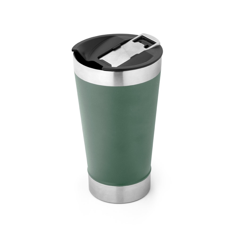 Copo de viagem térmico em aço inox 630 ml com abridor na tampa personalizado com a logo da empresa, na cor verde tropa