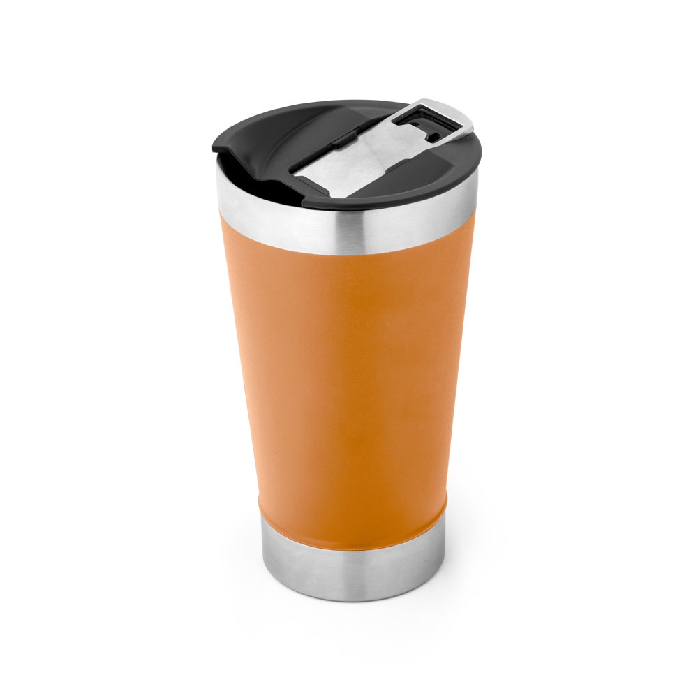 Copo de viagem térmico em aço inox 630 ml com abridor na tampa personalizado com a logo da empresa, na cor camel