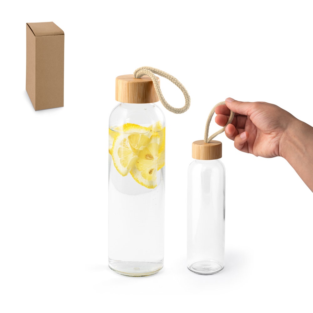 Squeeze para sublimação em vidro com tampa em bambu (500 ml) e alça personalizado com a logo da empresa