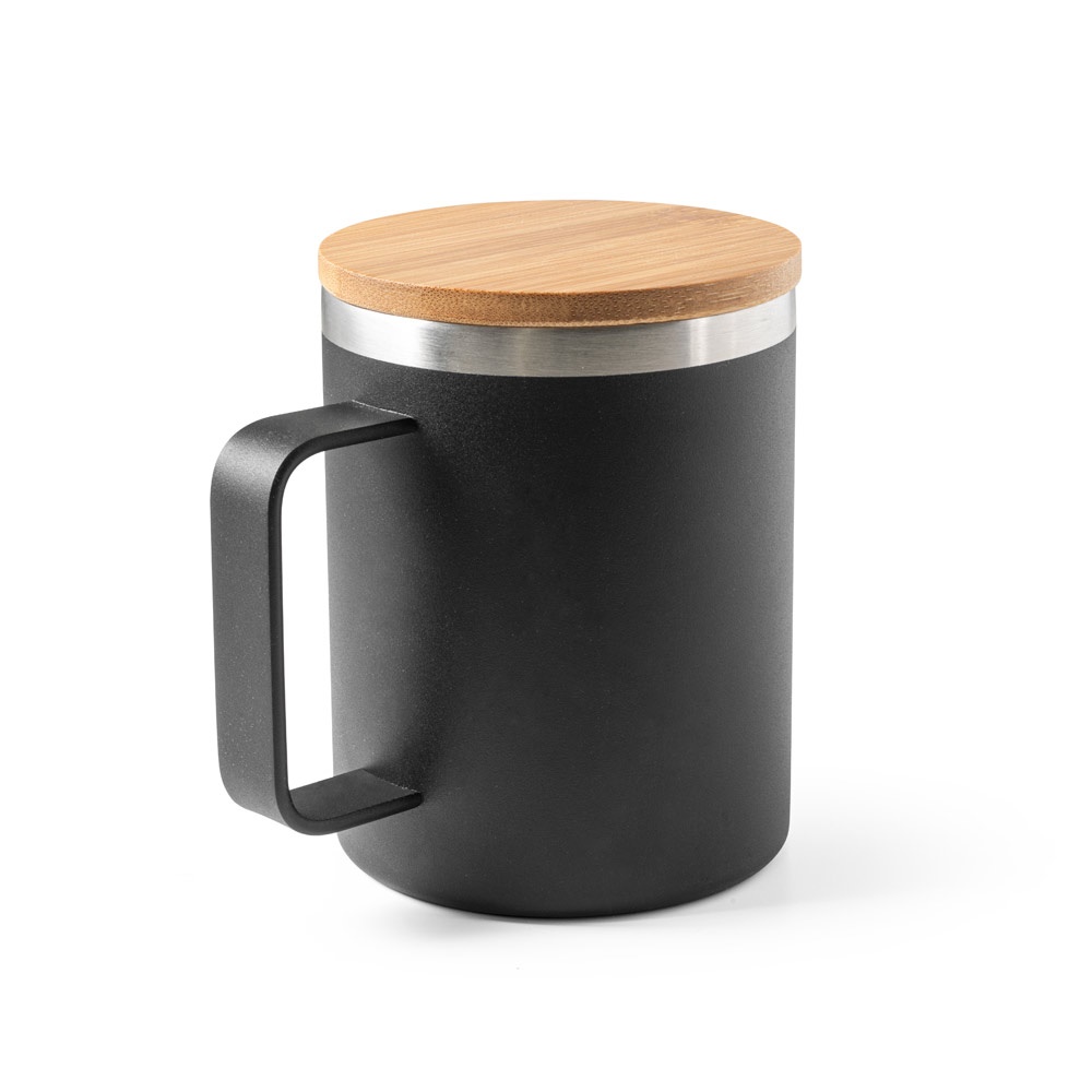 Copo de viagem térmico 420 ml em aço inox 90% reciclado e bambu na cor Preto, personalizado com a logo da empresa