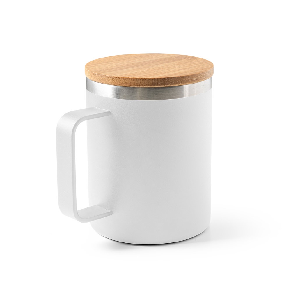 Copo de viagem térmico 420 ml em aço inox 90% reciclado e bambu personalizado com a logo da empresa, na cor branco