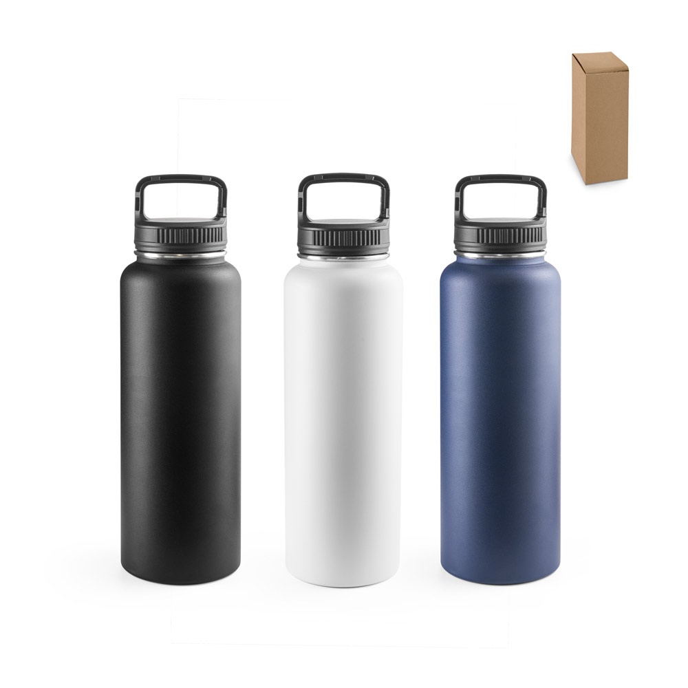 Garrafa esportiva térmica 1,2 litro em aço inox com mosquetão personalizada com a logo da empresa