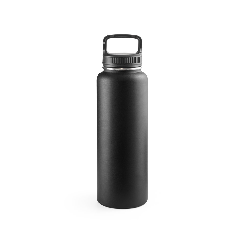 Garrafa esportiva térmica 1,2 litro em aço inox com mosquetão na cor Preto, personalizada com a logo da empresa