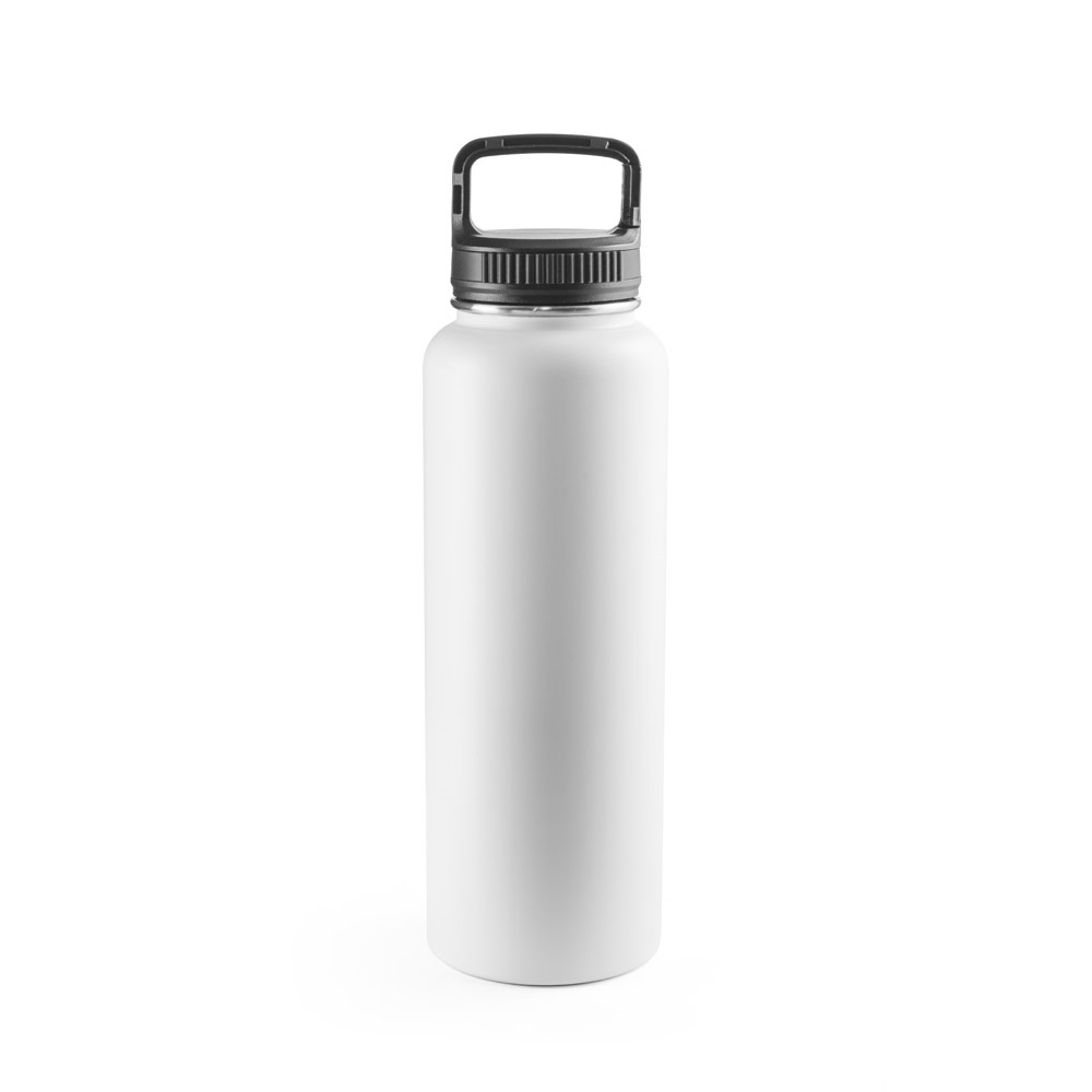 Garrafa esportiva térmica 1,2 litro em aço inox com mosquetão personalizada com a logo da empresa, na cor branco