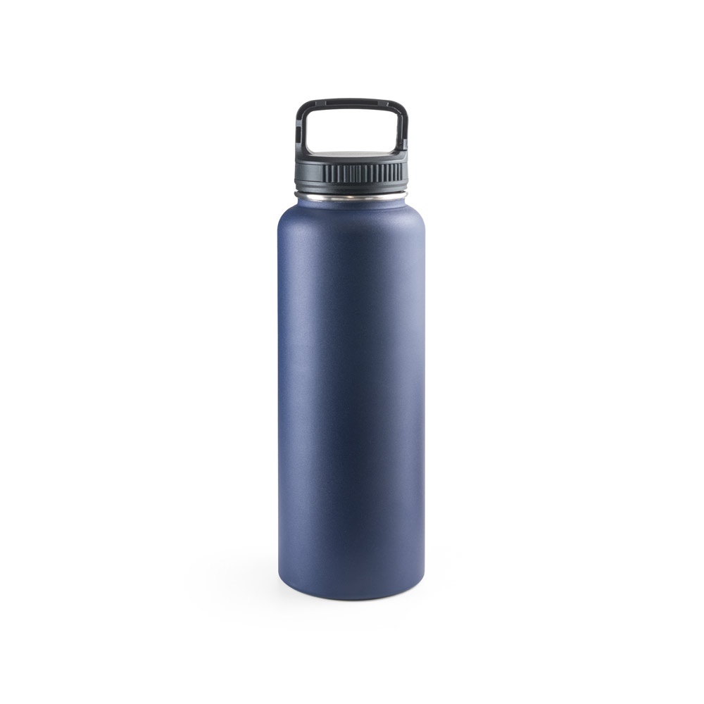 Garrafa esportiva térmica 1,2 litro em aço inox com mosquetão personalizada com a logo da empresa, na cor azul marinho