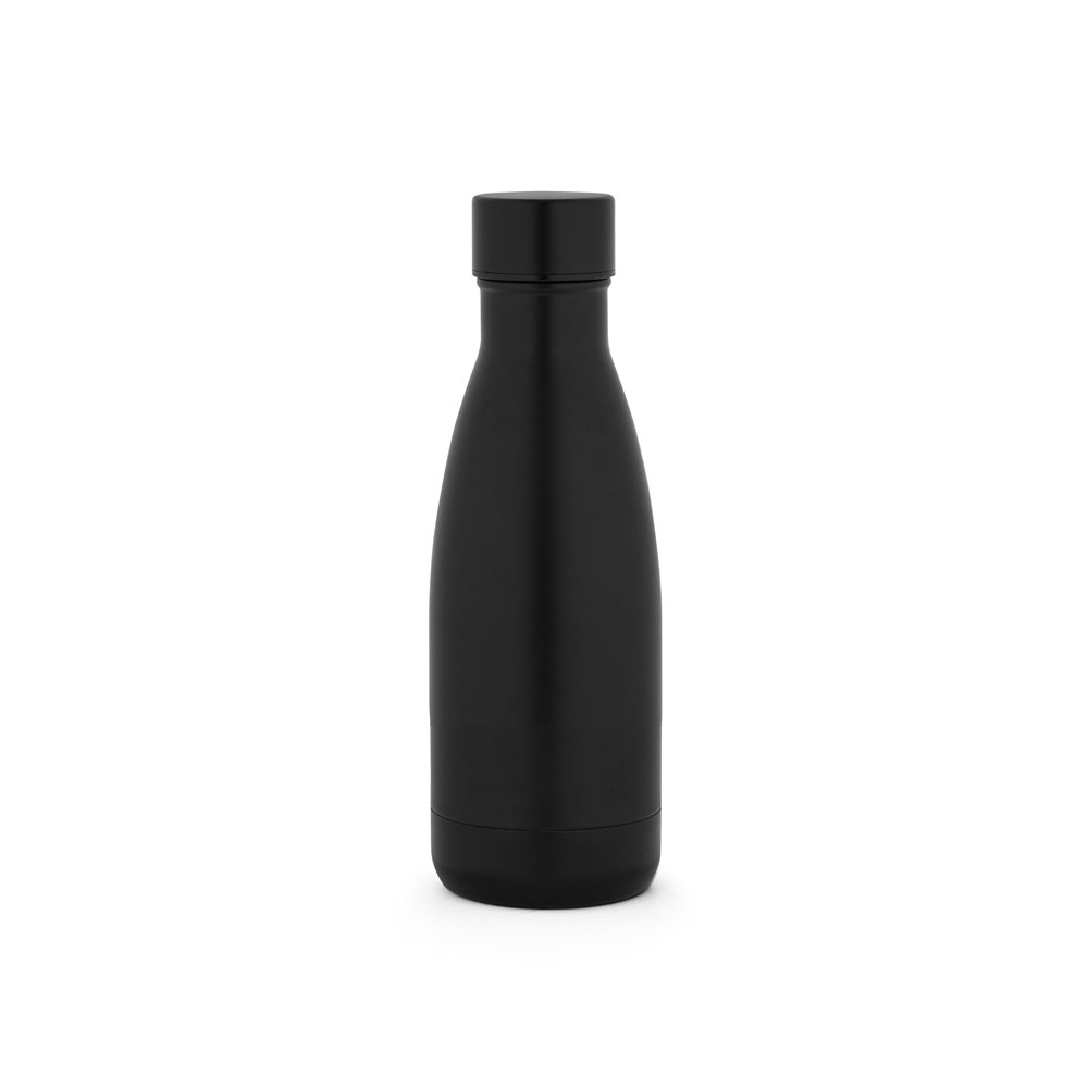 Garrafa térmica 400 ml em aço inox 90% reciclado com acabamento mate na cor Preto, personalizada com a logo da empresa