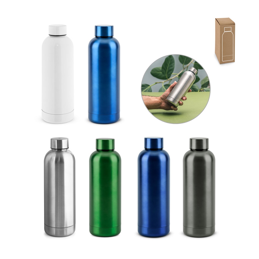 Garrafa térmica 550 ml em aço inox 90% reciclado metalizada personalizada com a logo da empresa