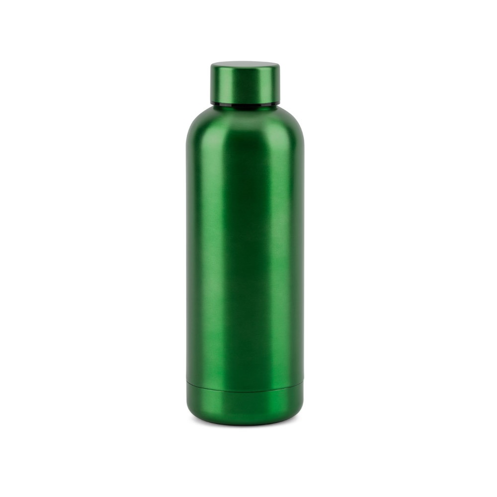Garrafa térmica 550 ml em aço inox 90% reciclado metalizada personalizada com a logo da empresa, na cor verde escuro