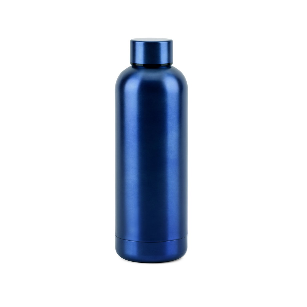 Garrafa térmica 550 ml em aço inox 90% reciclado metalizada personalizada com a logo da empresa, na cor azul marinho