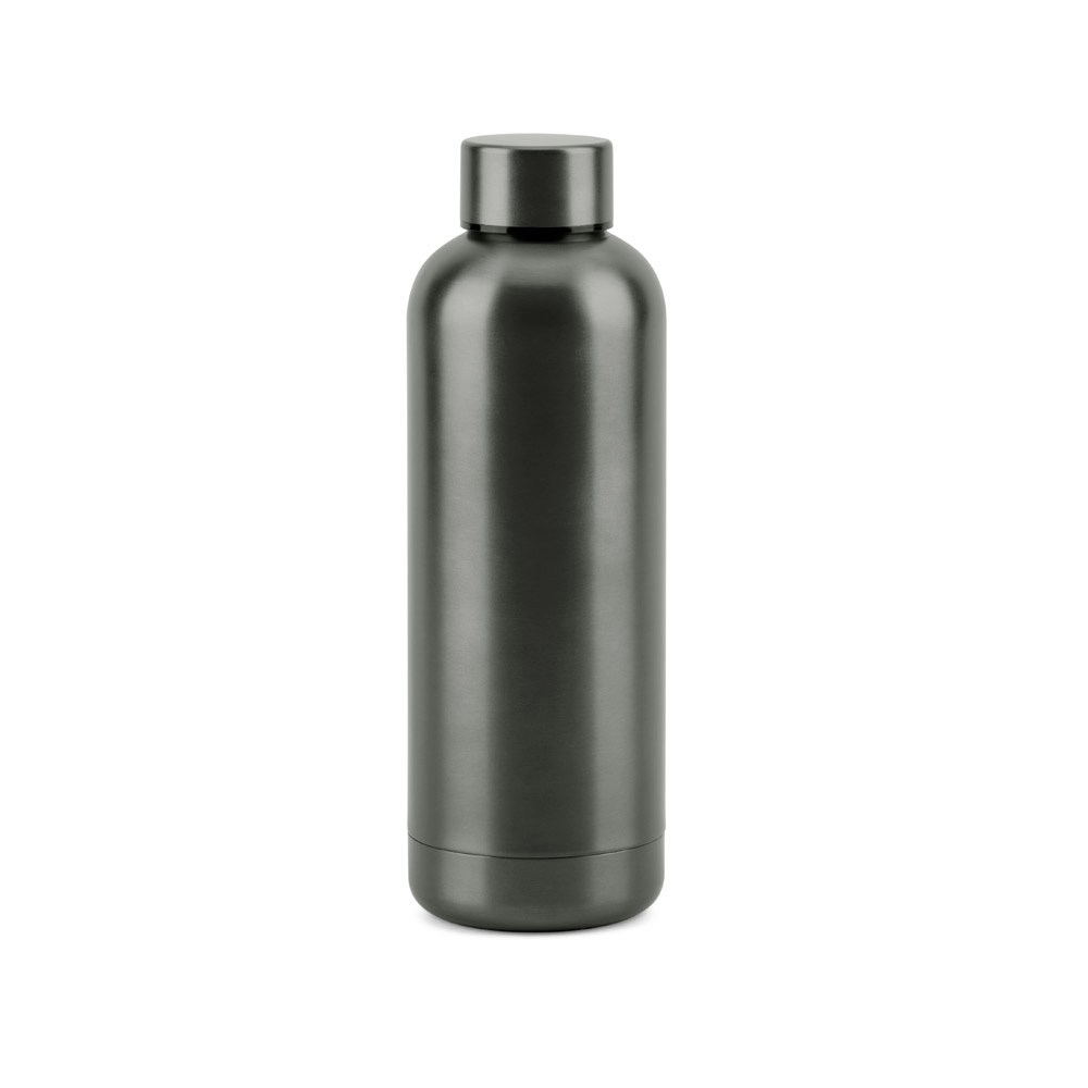 Garrafa térmica 550 ml em aço inox 90% reciclado metalizada personalizada com a logo da empresa, na cor chumbo
