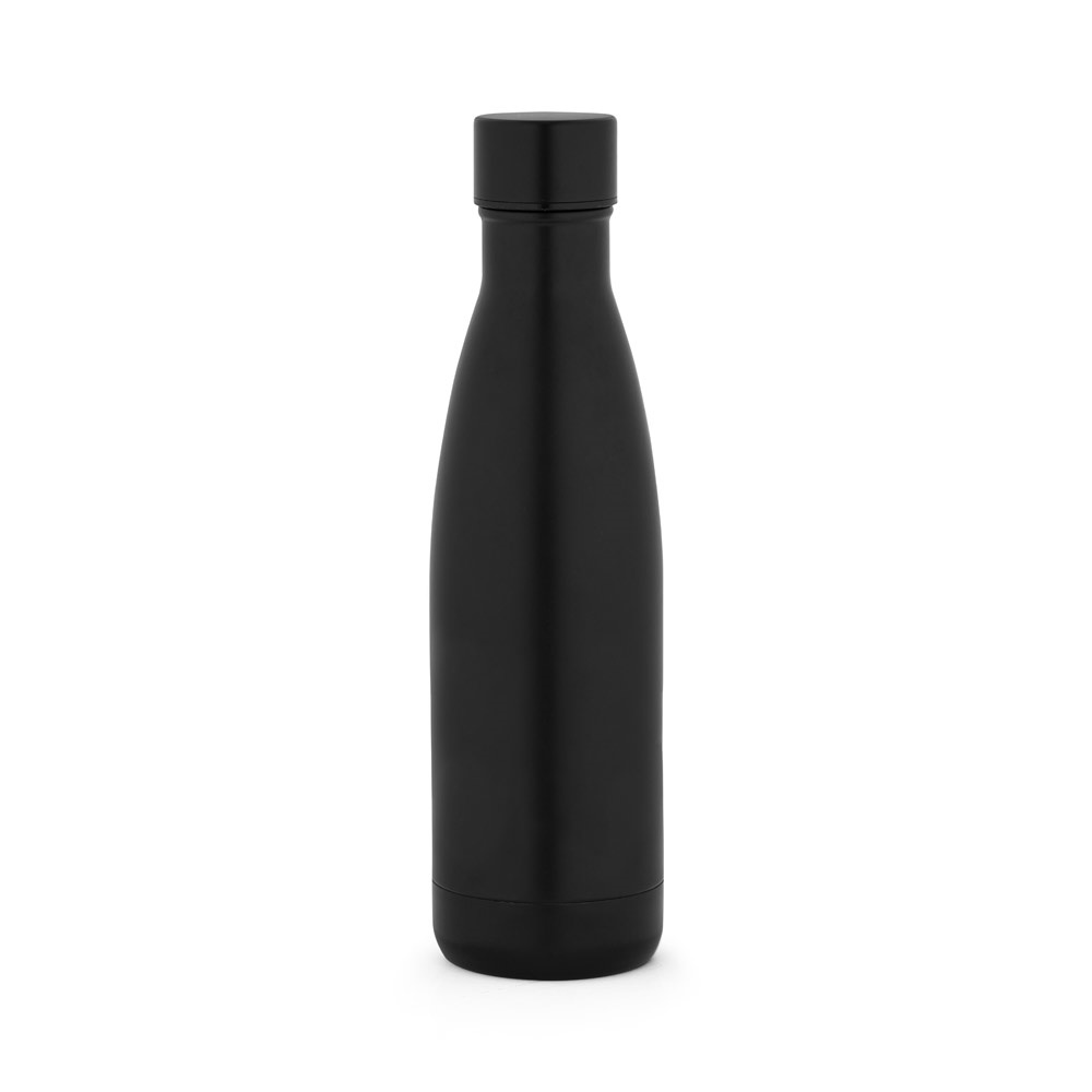 Garrafa térmica 520 ml em aço inox 90% reciclado com acabamento mate na cor Preto, personalizada com a logo da empresa