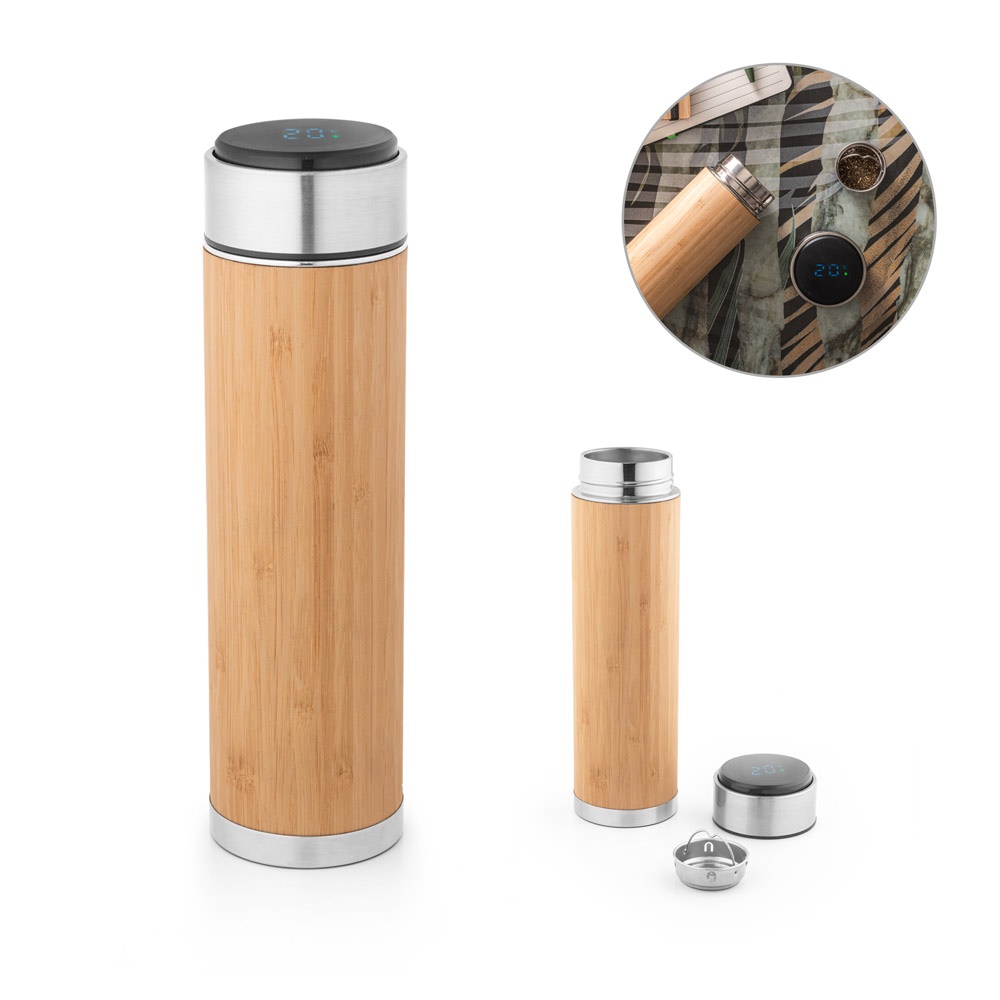 Garrafa térmica 430 ml em aço inox e bambu com termômetro digital personalizada com a logo da empresa