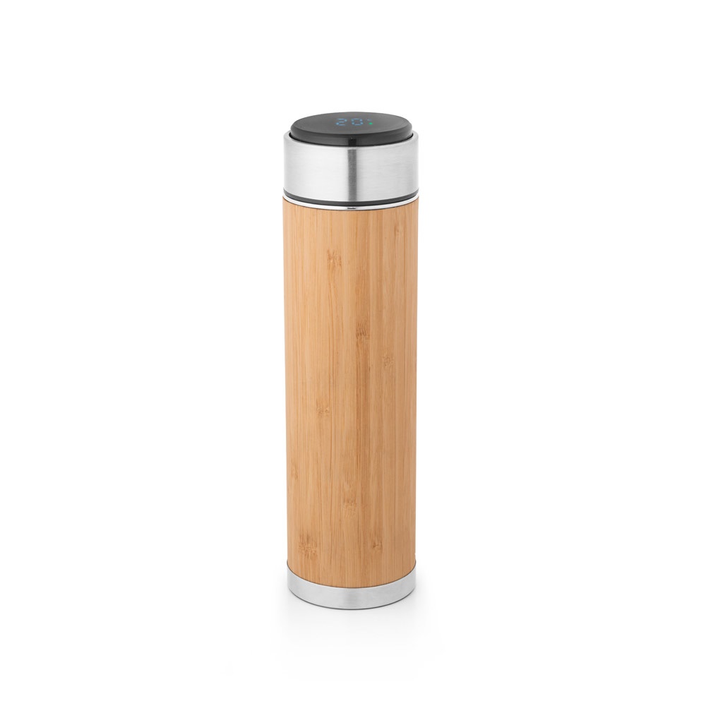 Garrafa térmica 430 ml em aço inox e bambu com termômetro digital na cor Natural, personalizada com a logo da empresa