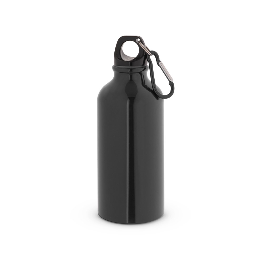 Garrafa esportiva em alumínio com acabamento brilhante (400 ml) na cor Preto, personalizada com a logo da empresa