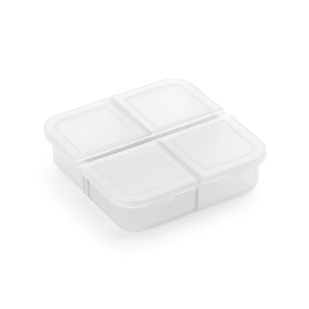 Porta comprimidos de plástico com 4 divisórias na cor Branco, personalizado com a logo da empresa
