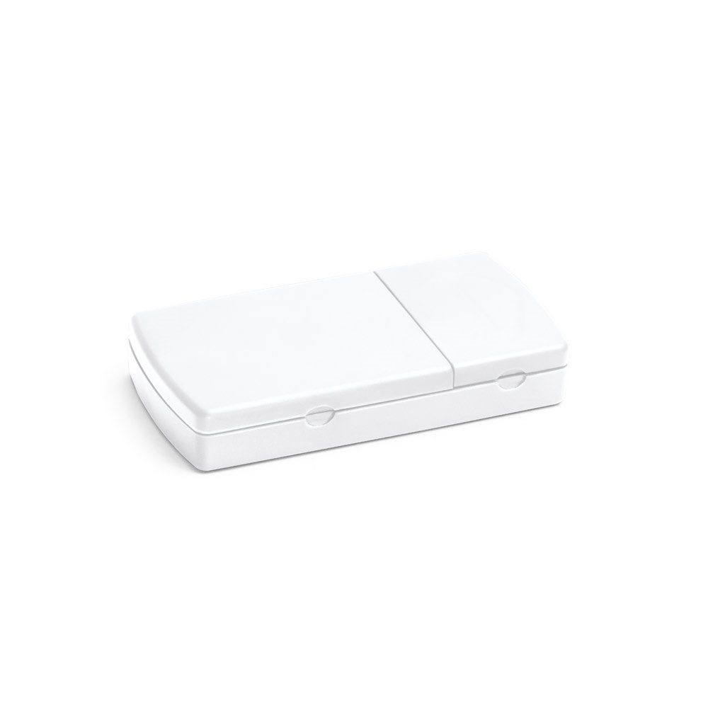 Porta comprimidos de plástico com 2 divisórias na cor Branco, personalizado com a logo da empresa
