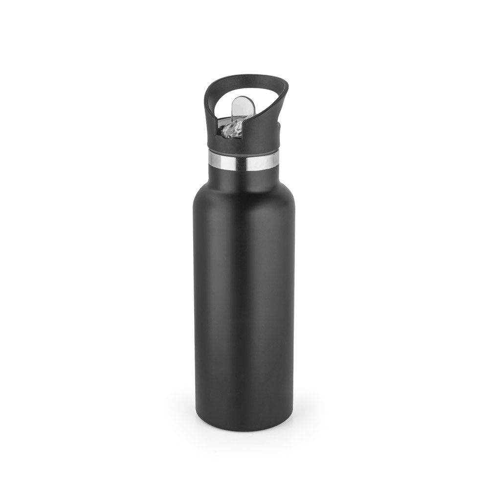 Garrafa térmica em aço inox 570 ml com bico flip, canudo e argola na cor Preto, personalizada com a logo da empresa