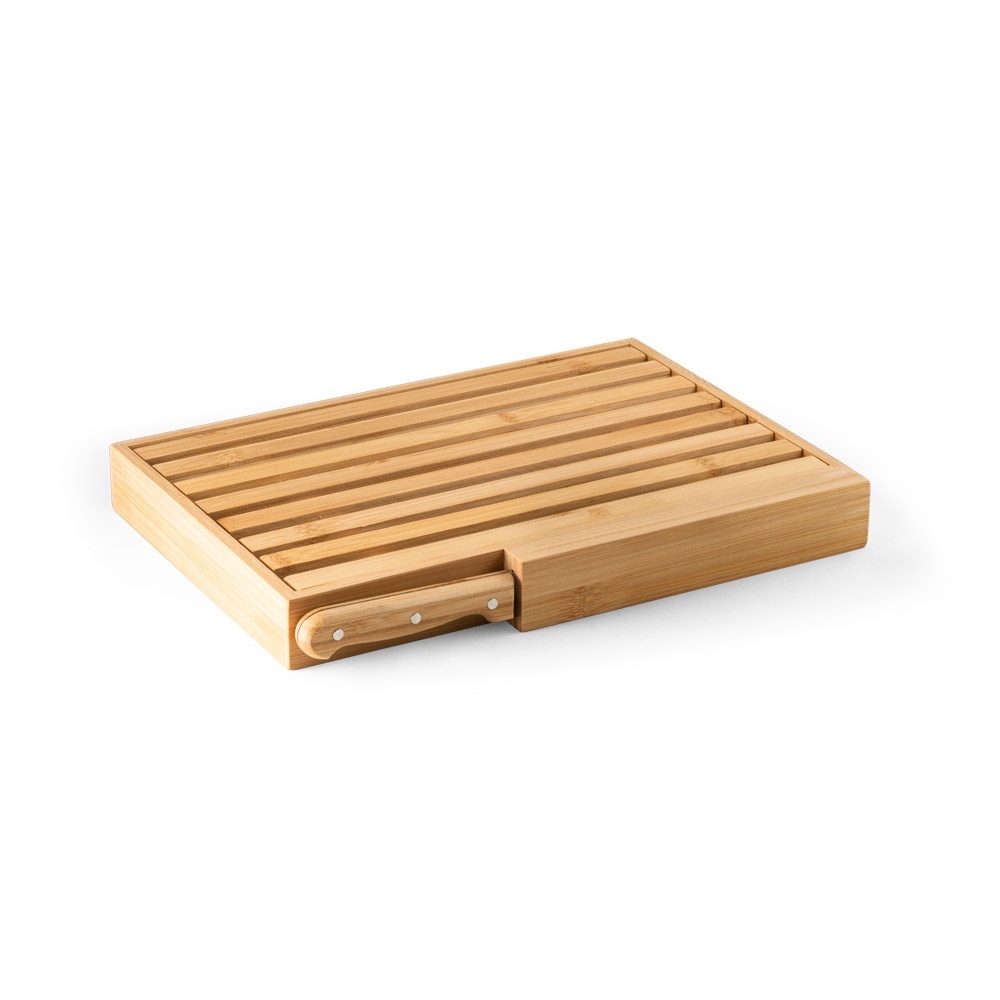 Tábua para pão em bambu com faca em aço inox na cor Natural, personalizada com a logo da empresa