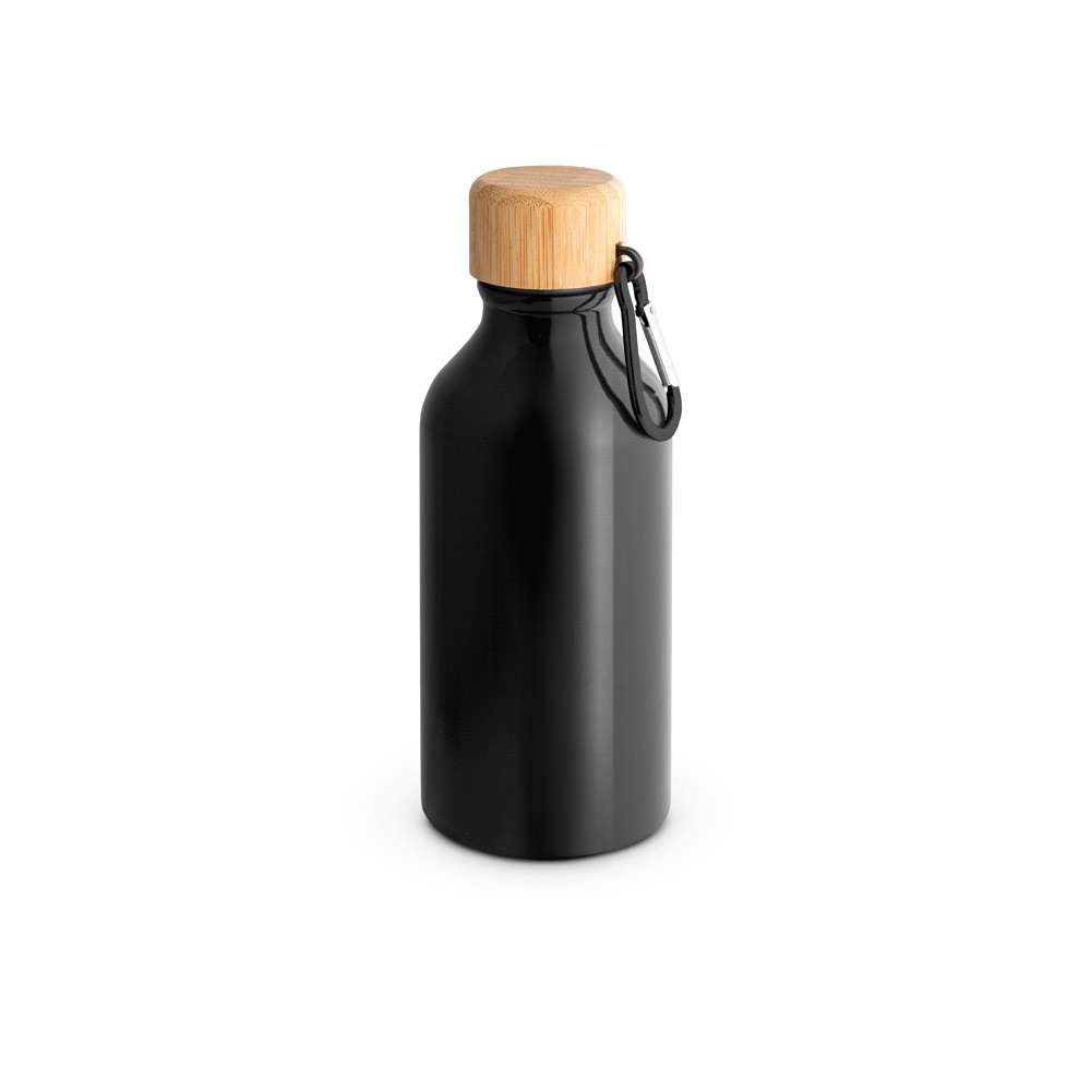 Squeeze em alumínio 100% reciclado com cor sólida brilhante (400 ml) na cor Preto, personalizado com a logo da empresa