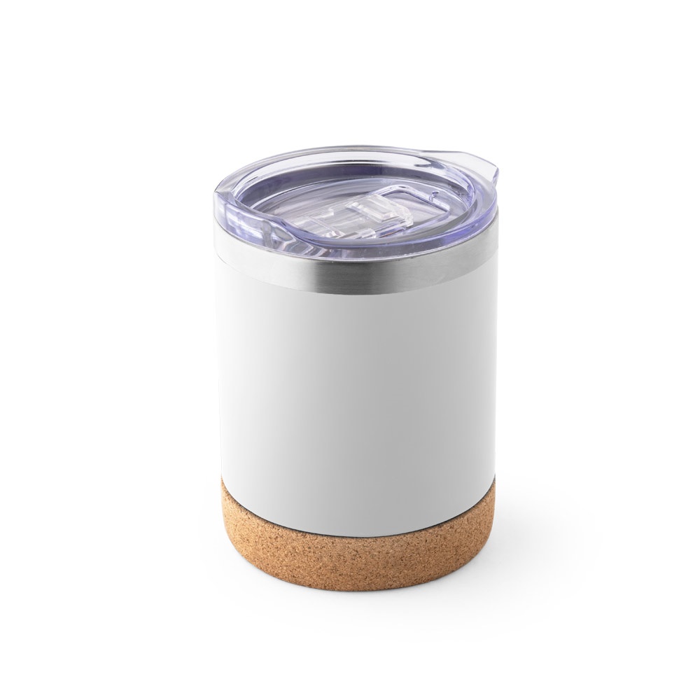 Copo de viagem térmico em aço inox 400 ml com base de cortiça personalizado com a logo da empresa, na cor branco