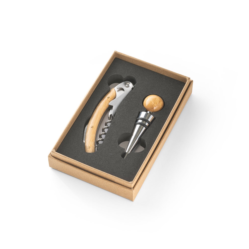 Conjunto de vinho com dois componentes em metal e bambu na cor Natural, personalizado com a logo da empresa