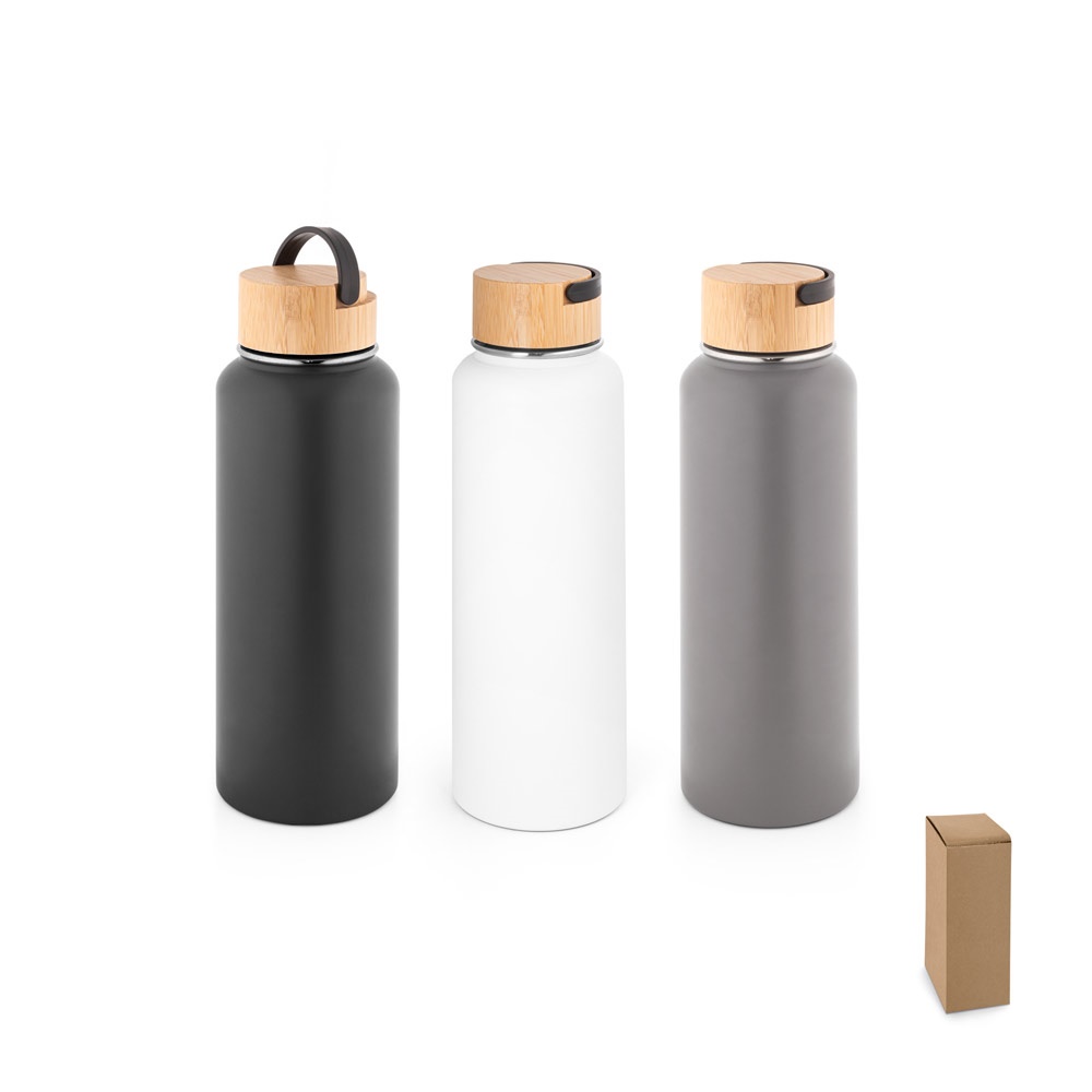 Garrafa térmica 1,2 litro em aço inox reciclado com tampa em bambu personalizada com a logo da empresa