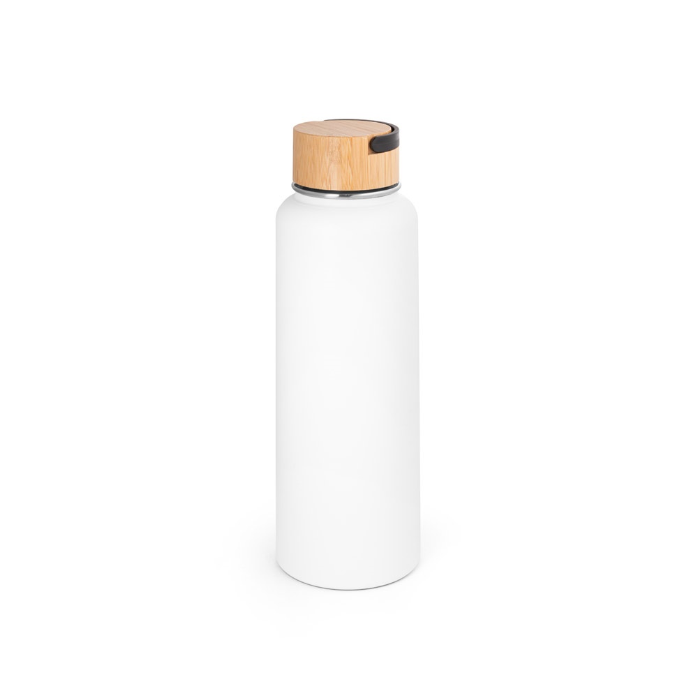 Garrafa térmica 1,2 litro em aço inox reciclado com tampa em bambu na cor Branco, personalizada com a logo da empresa