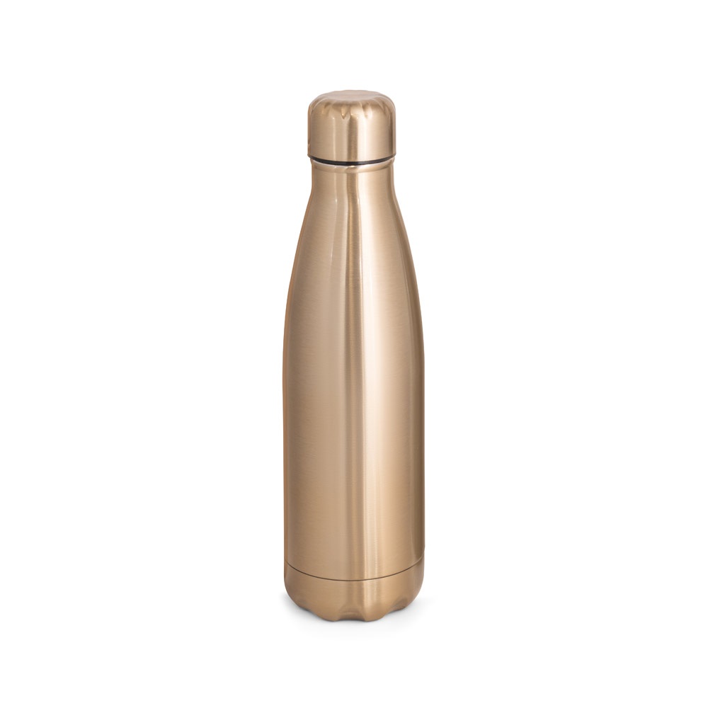Garrafa térmica 510 ml em aço inox com acabamento metalizado personalizada com a logo da empresa, na cor dourado satinado