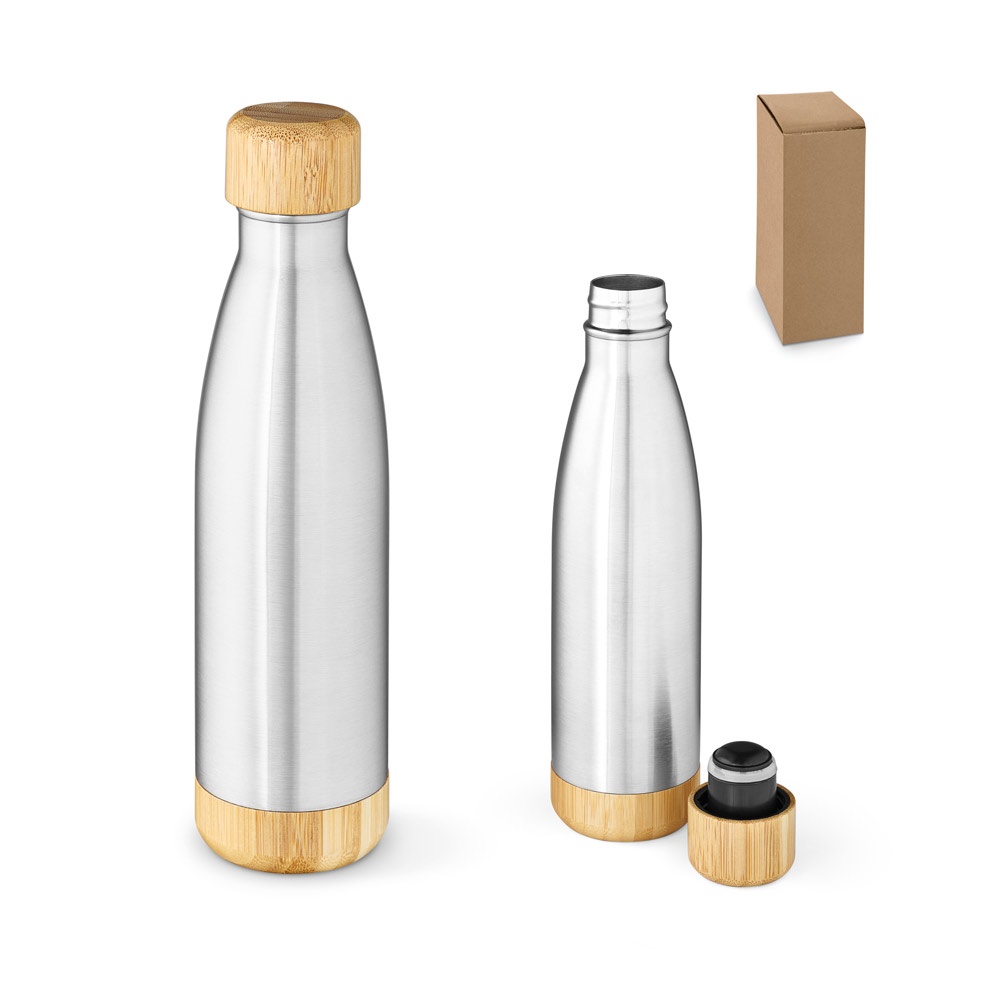 Garrafa térmica 800 ml em aço inox reciclado com tampa e base em bambu personalizada com a logo da empresa