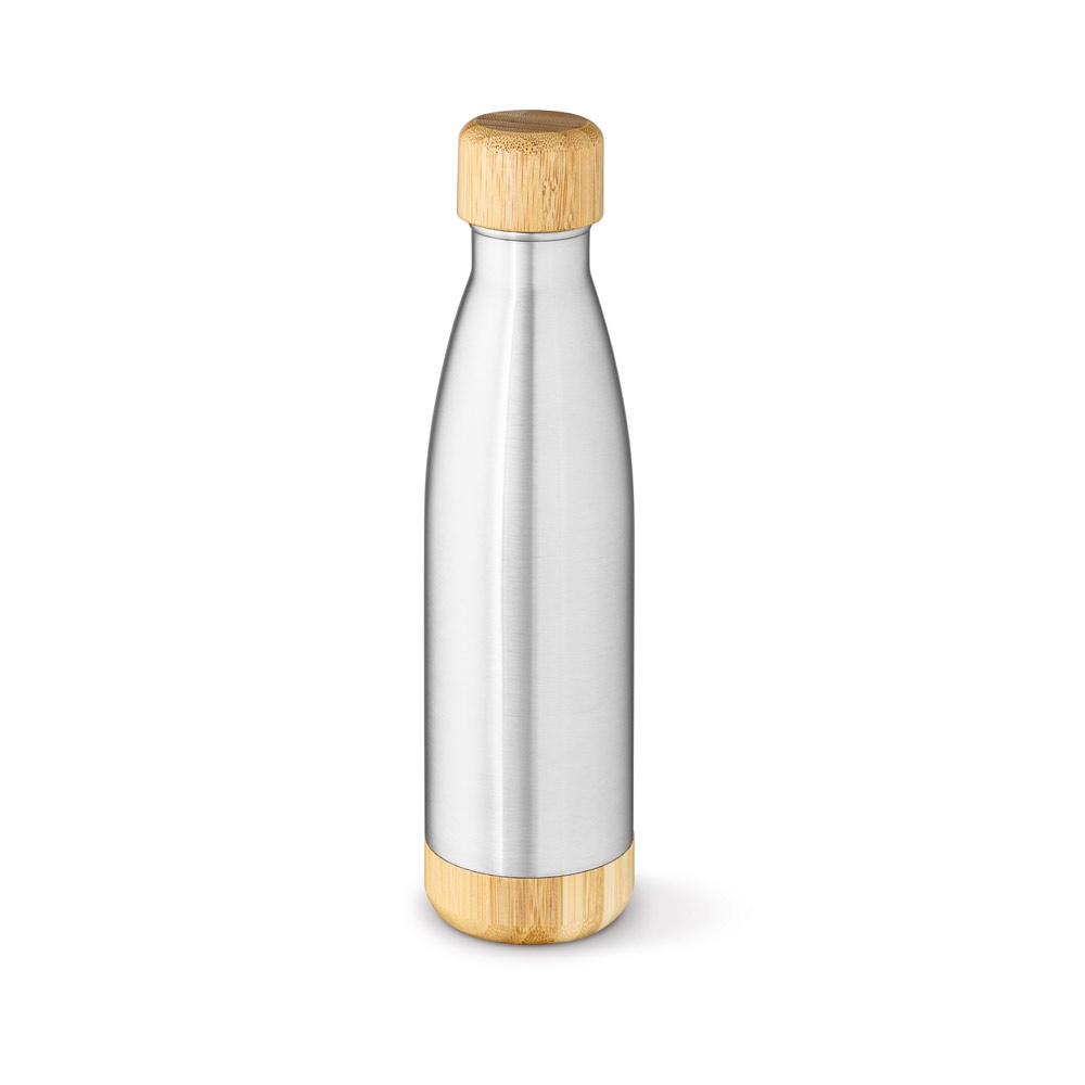 Garrafa térmica 800 ml em aço inox reciclado com tampa e base em bambu na cor Cromado satinado, personalizada com a logo da empresa