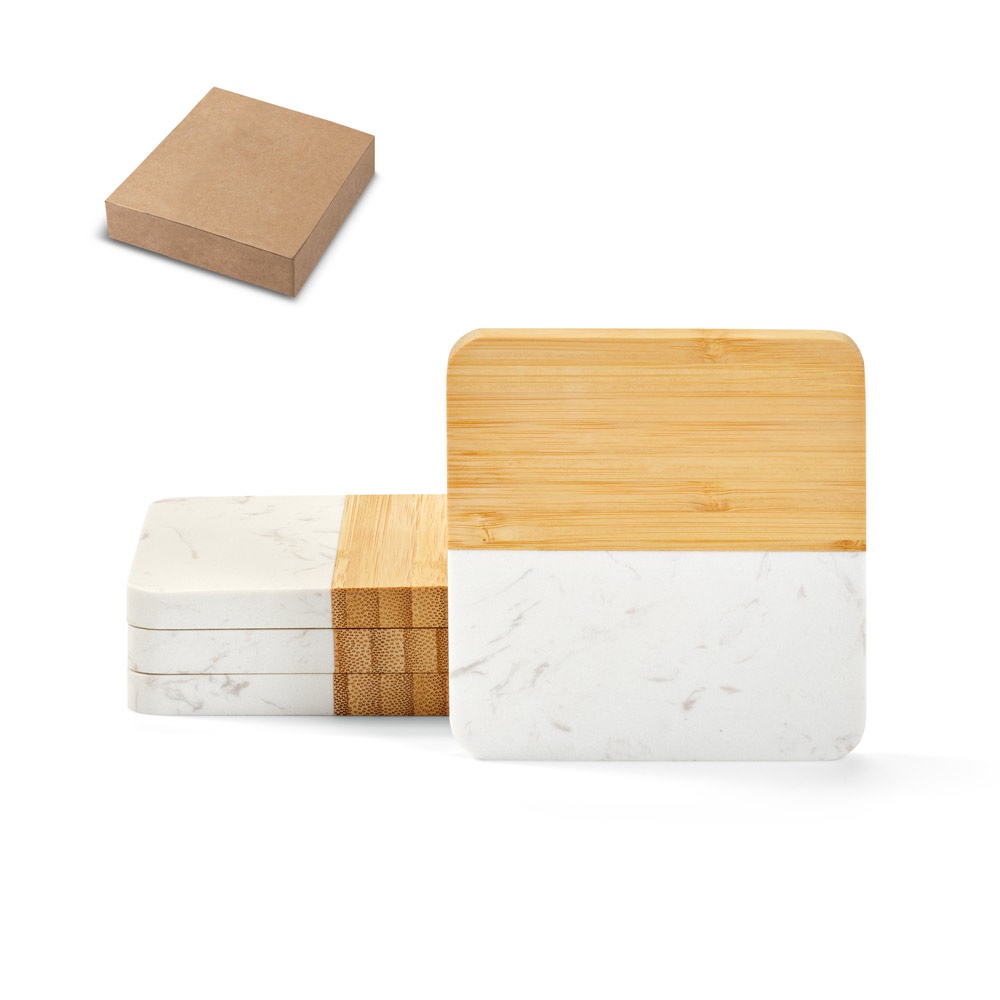 Conjunto de 4 porta copos em mármore e bambu em formato quadrado personalizado com a logo da empresa