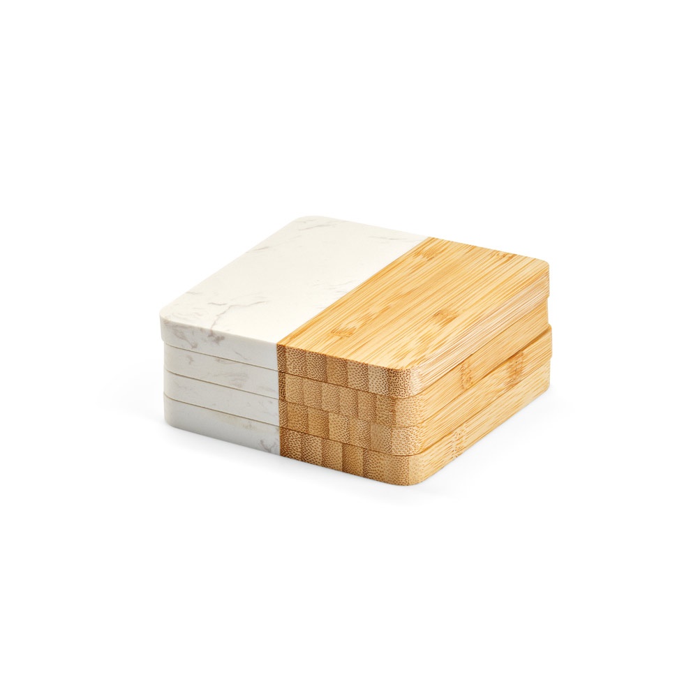 Conjunto de 4 porta copos em mármore e bambu em formato quadrado na cor Natural, personalizado com a logo da empresa