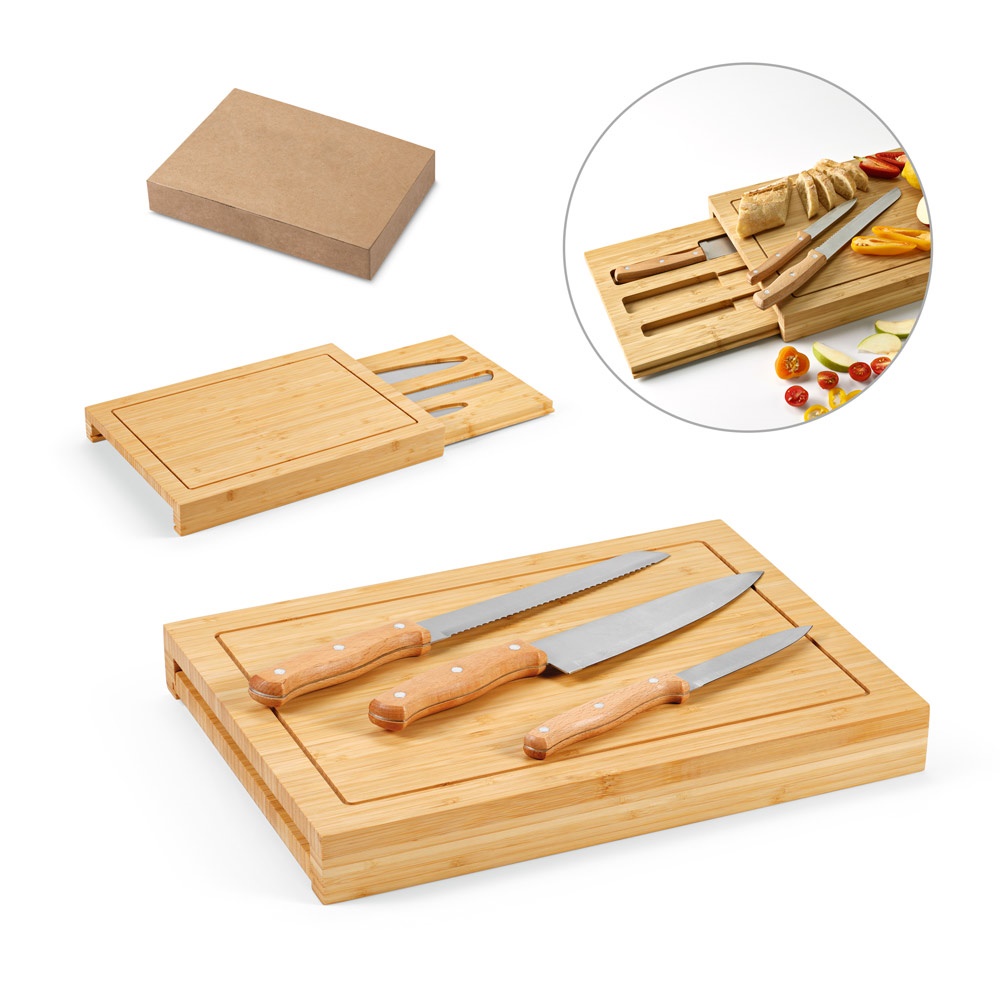 Conjunto de tábuas em bambu com 3 facas inclusas, foto 1