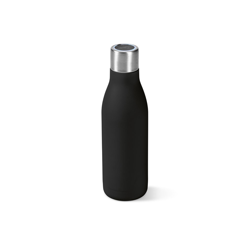 Garrafa térmica 500 ml em aço inox reciclado com sanitização UV na cor Preto, personalizada com a logo da empresa