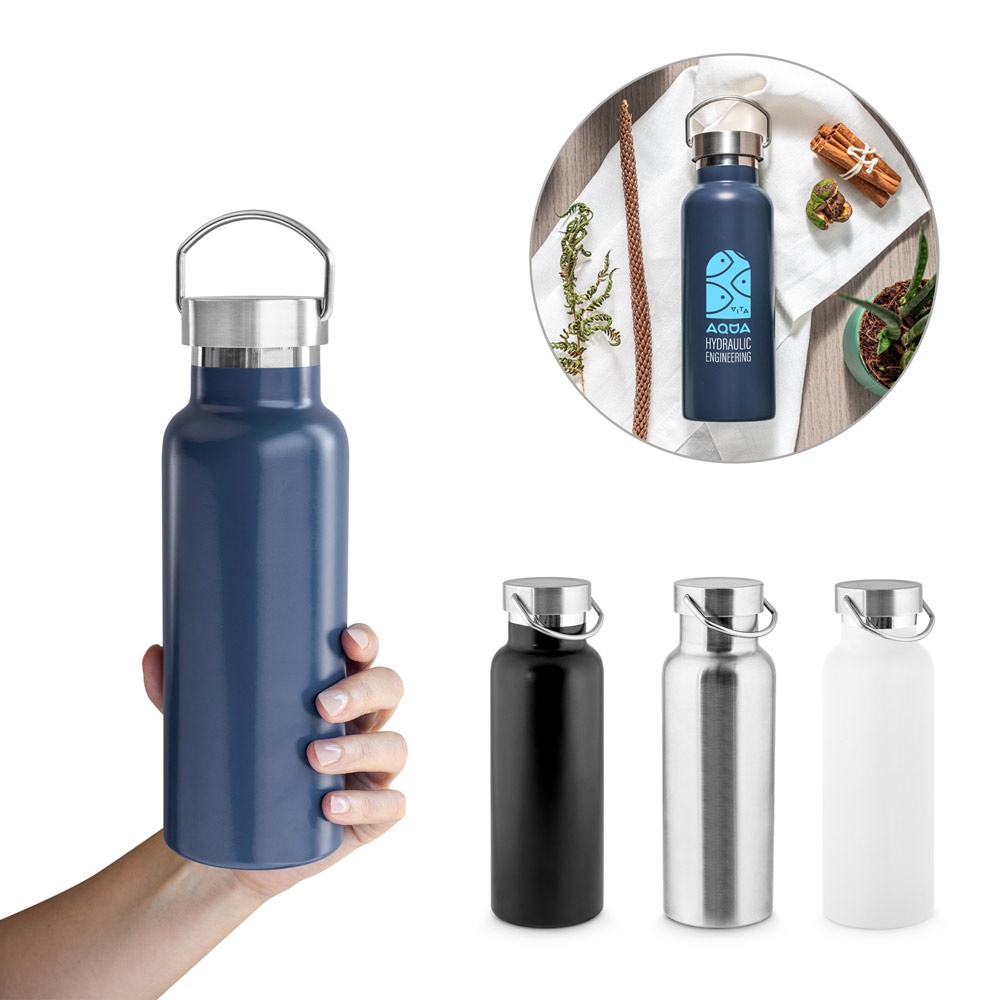 Garrafa térmica 810 ml em aço inox reciclado com pega de inox personalizada com a logo da empresa