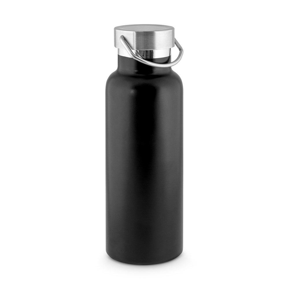 Garrafa térmica 810 ml em aço inox reciclado com pega de inox na cor Preto, personalizada com a logo da empresa