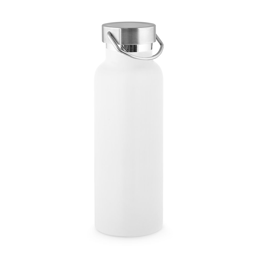 Garrafa térmica 810 ml em aço inox reciclado com pega de inox personalizada com a logo da empresa, na cor branco