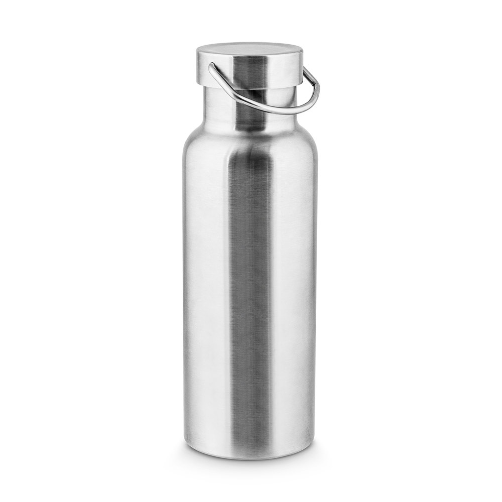 Garrafa térmica 810 ml em aço inox reciclado com pega de inox personalizada com a logo da empresa, na cor cromado satinado