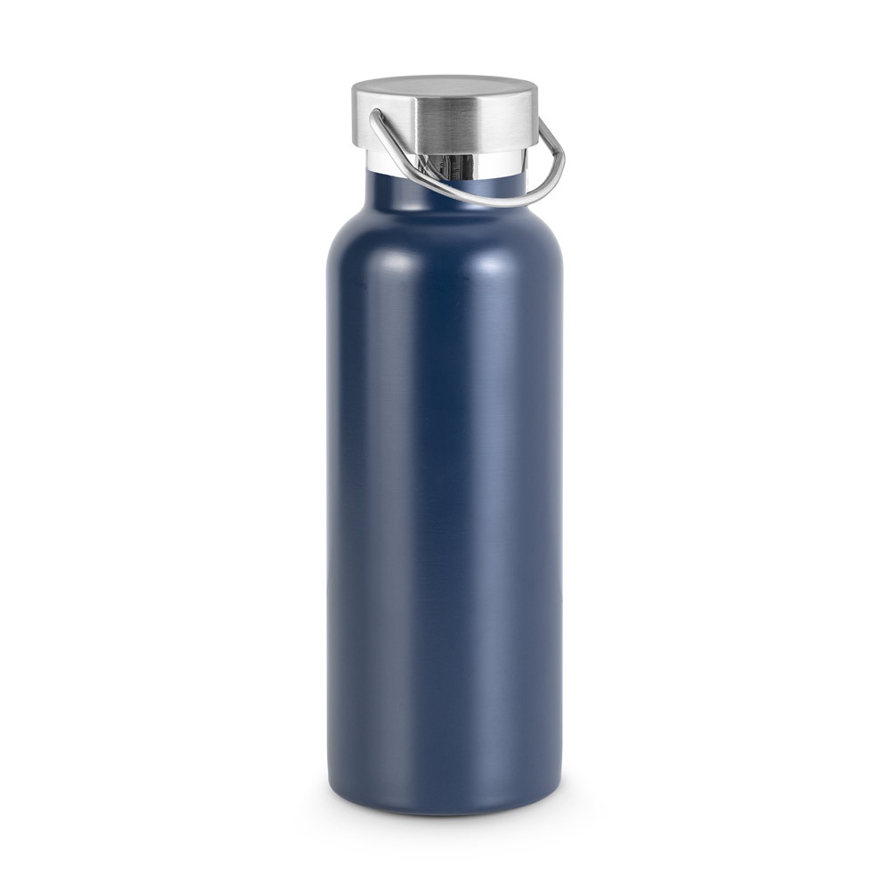 Garrafa térmica 810 ml em aço inox reciclado com pega de inox personalizada com a logo da empresa, na cor azul marinho