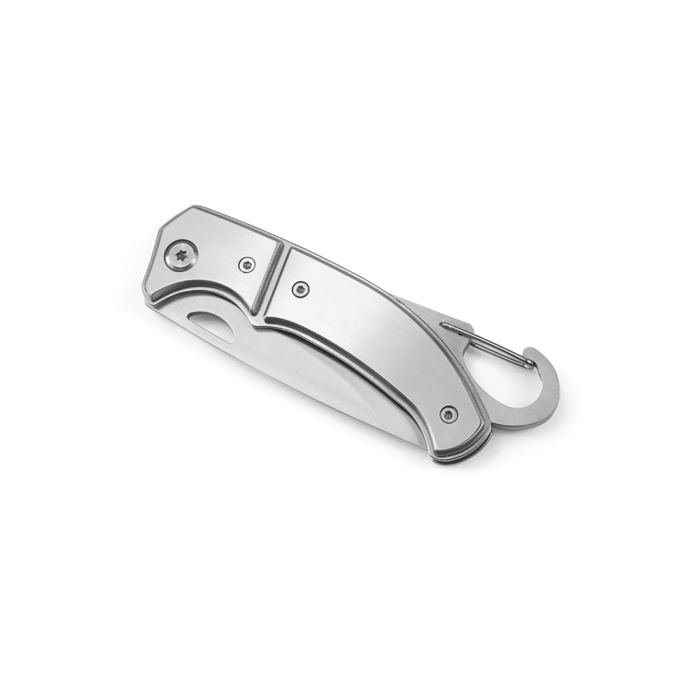 Canivete em aço inox acetinado com fecho de segurança e mosquetão na cor Cromado satinado, personalizado com a logo da empresa
