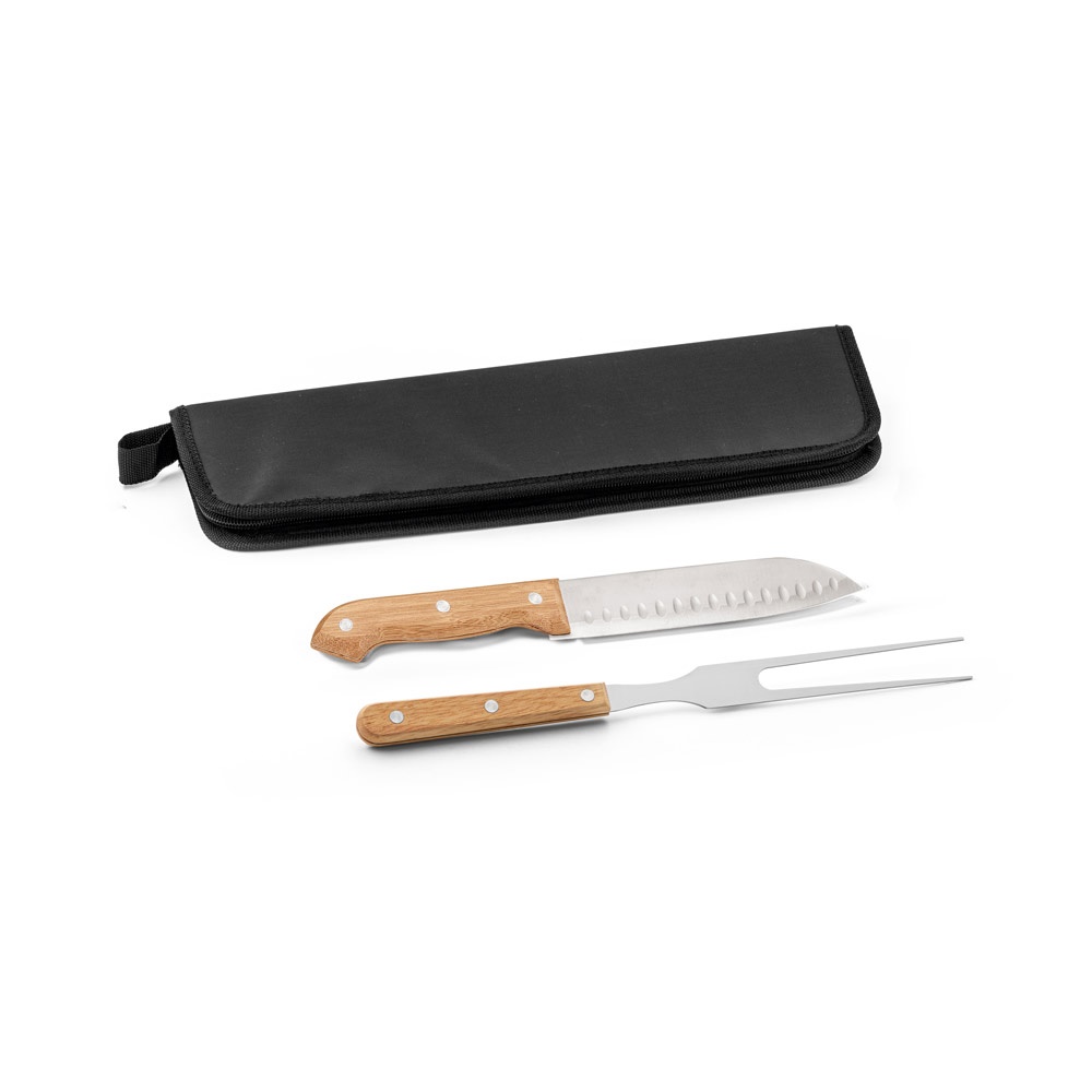 Kit churrasco com garfo e faca japonesa em estojo 210D personalizado com a logo da empresa