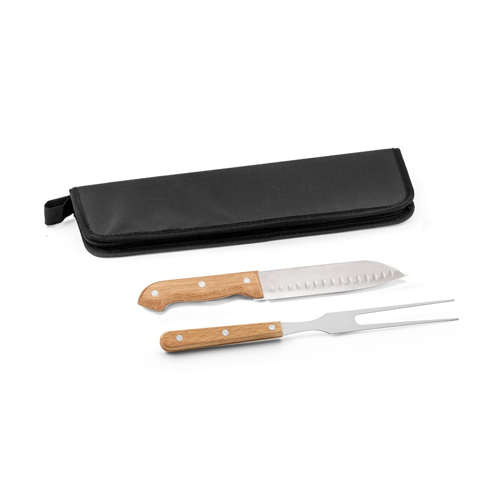 Kit churrasco com garfo e faca japonesa em estojo 210D na cor Preto, personalizado com a logo da empresa