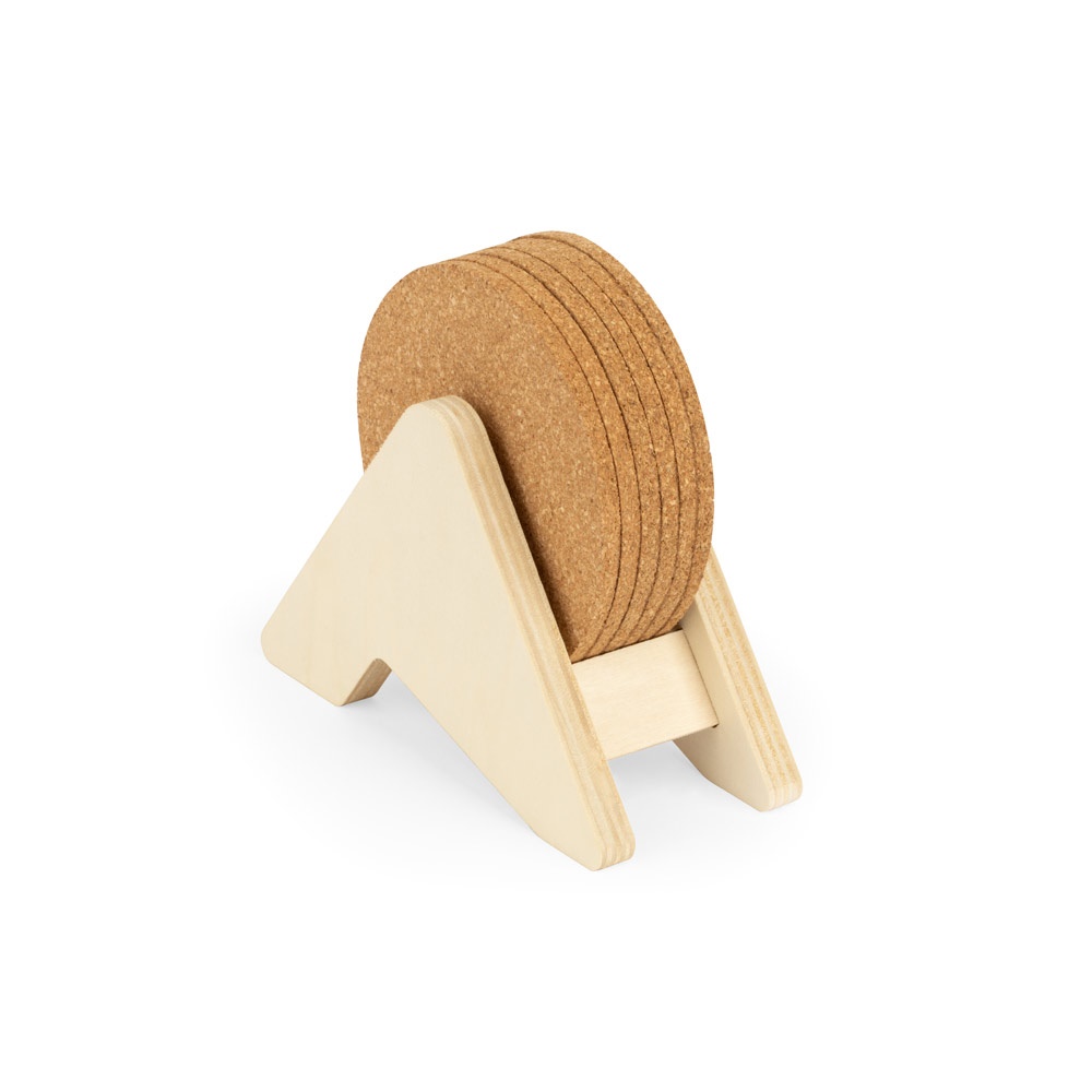 Porta copos em madeira com 6 bases para copos em cortiça na cor Natural, personalizado com a logo da empresa