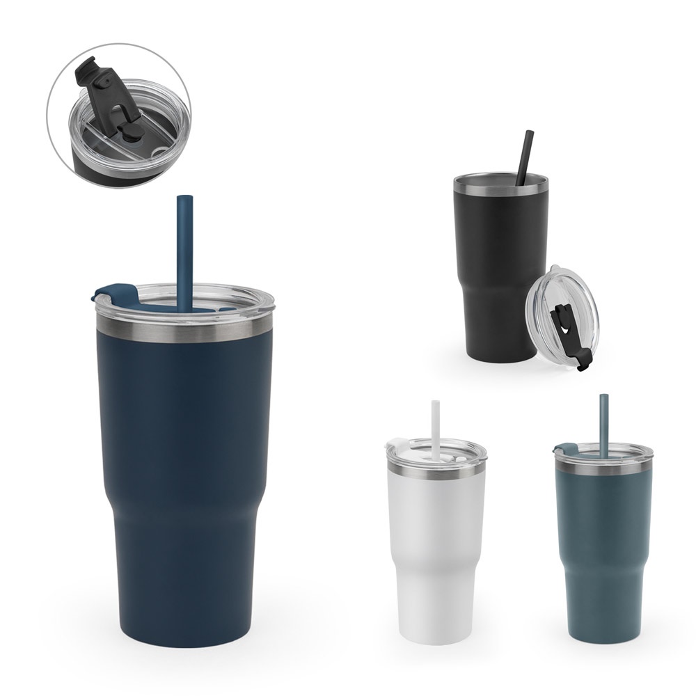 Copo de viagem térmico 600 ml em aço inox reciclado com canudo personalizado com a logo da empresa