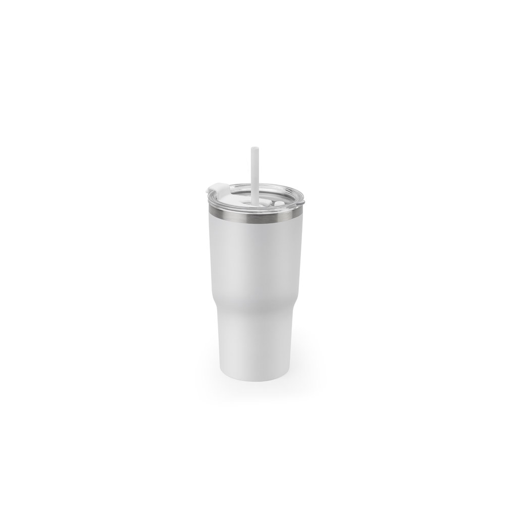 Copo de viagem térmico 600 ml em aço inox reciclado com canudo na cor Branco, personalizado com a logo da empresa