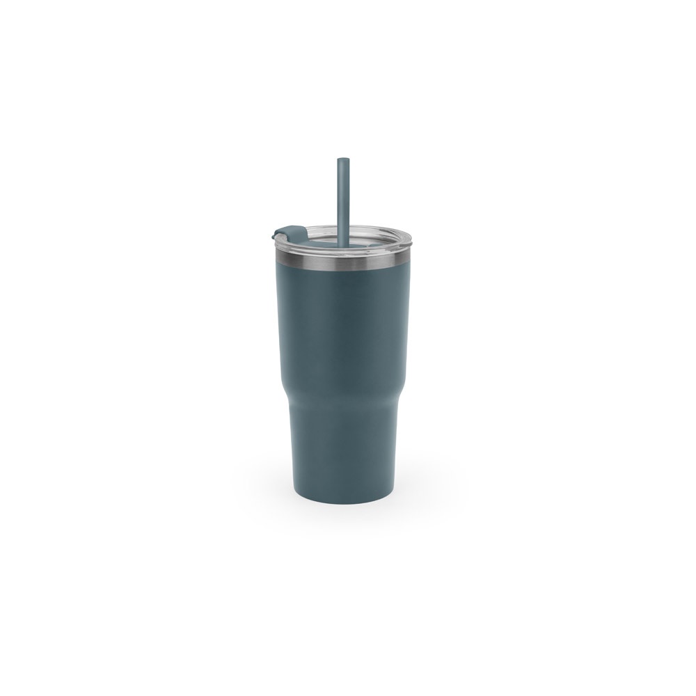 Copo de viagem térmico 600 ml em aço inox reciclado com canudo personalizado com a logo da empresa, na cor verde tropa