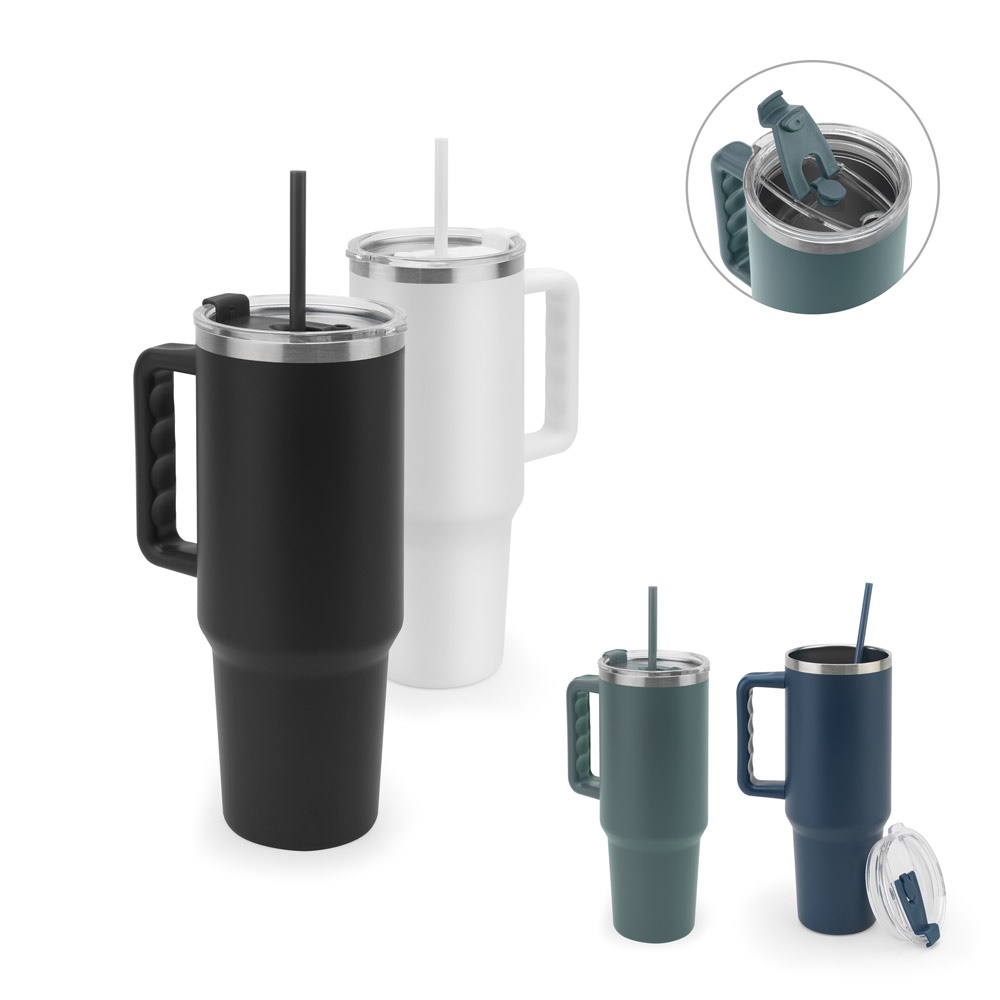 Copo de viagem térmico 1,3 litro em aço inox reciclado com canudo personalizado com a logo da empresa